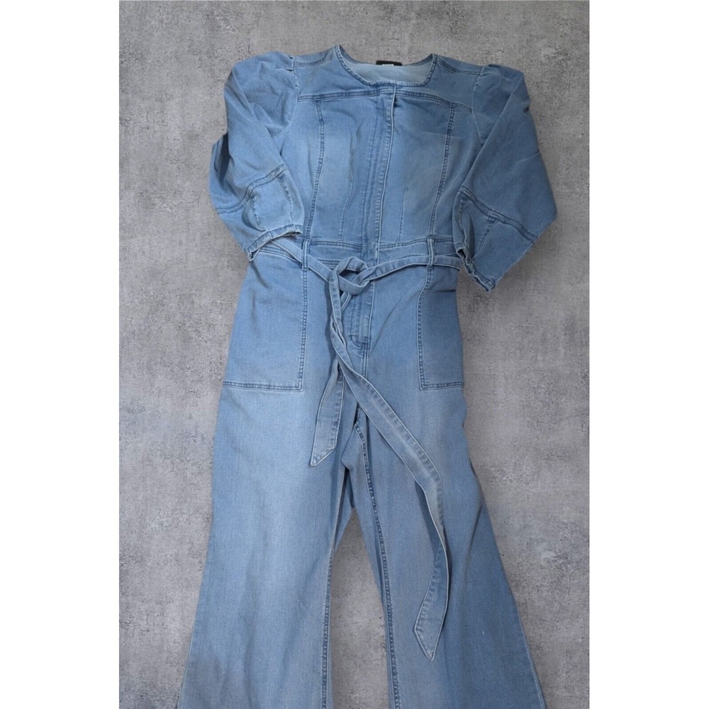 Lane Bryant blue jean romper 24S 24 short belted waist zip front wide leg 3/4slv - Picture 15 of 15